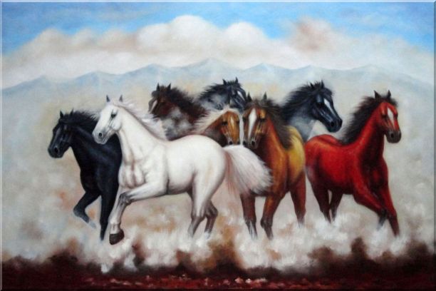 Eight Running Mustang Horses Oil Painting Animal Naturalism 24 x 36 Inches