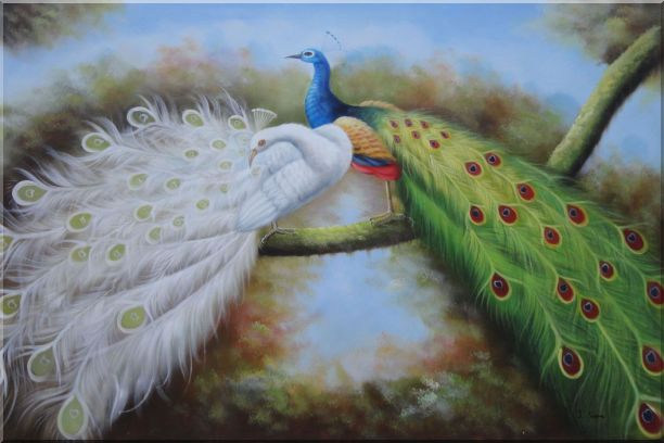 Pair of White and Blue Peacocks in Forest Oil Painting Animal Naturalism 24 x 36 Inches