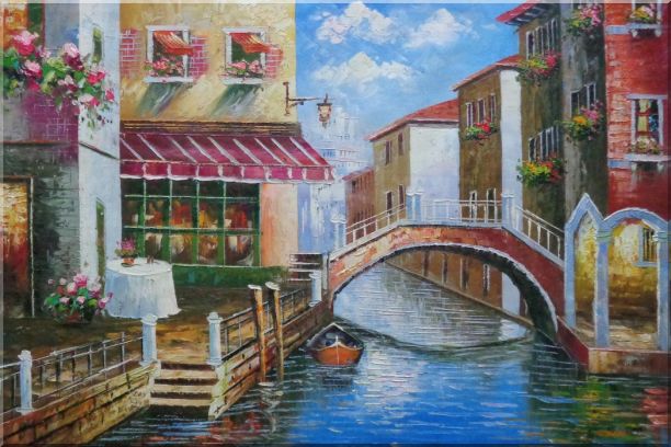 Venice Canal with Bridge and Gondolas in Summer Bright Day Oil Painting Italy Naturalism 24 x 36 Inches