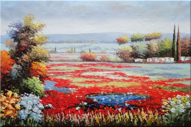 Red And Purple Flower Field in Tuscany of Italy Oil Painting Landscape Naturalism 24 x 36 Inches