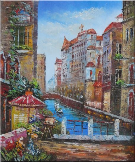 Pleasant Venice Garden And Canal At Noon Oil Painting Italy Impressionism 24 x 20 Inches