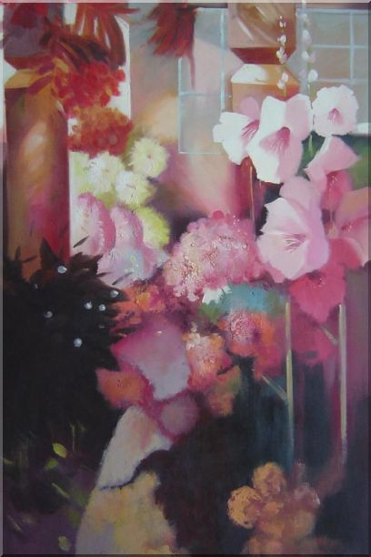 Elegant Pink Flowers in a Warm Setting Oil Painting Still Life Impressionism 36 x 24 Inches