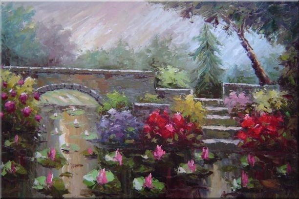 Lotus Pond, Bridge,Steps in a Garden Oil Painting Naturalism 24 x 36 Inches