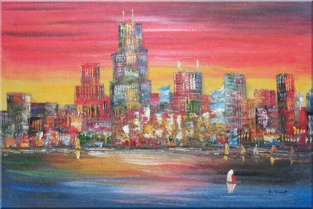 Chicago Skyline Waterfront View Oil Painting Cityscape America Modern 24 x 36 Inches