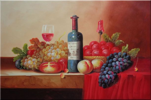 Still Life of Grape, Peaches, Plate and Curtains Oil Painting Fruit Classic 24 x 36 Inches