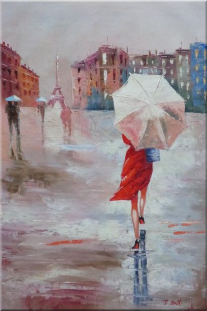 Modern Lady with Red Walking Under Umbrella in Paris Street with Eiffel Tower in View Oil Painting Portraits Woman Impressionism 36 x 24 Inches
