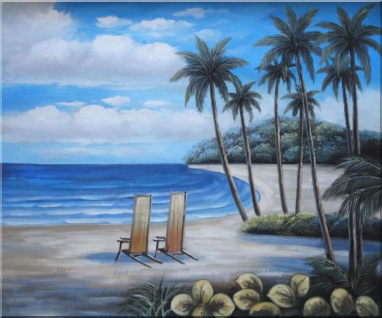 Two Chairs at the Hawaii Beach with Palm Trees Oil Painting Seascape America Naturalism 20 x 24 Inches