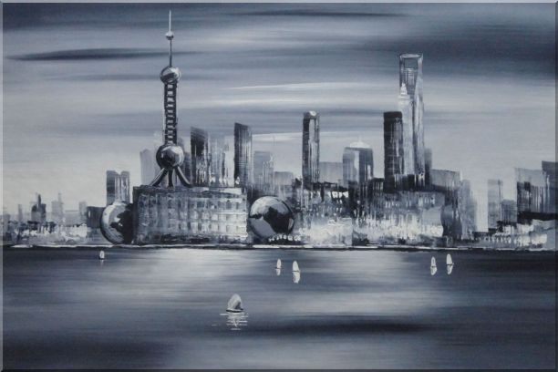 Shanghai Skyline, Huangpu River Oil Painting Cityscape Black White Modern 24 x 36 Inches