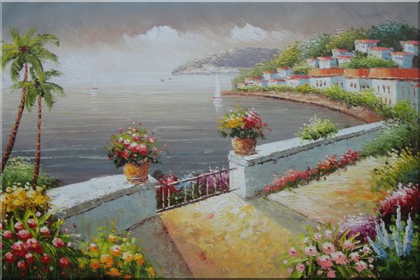 Mediterranean Flower Garden Under Cloud Oil Painting Naturalism 24 x 36 Inches