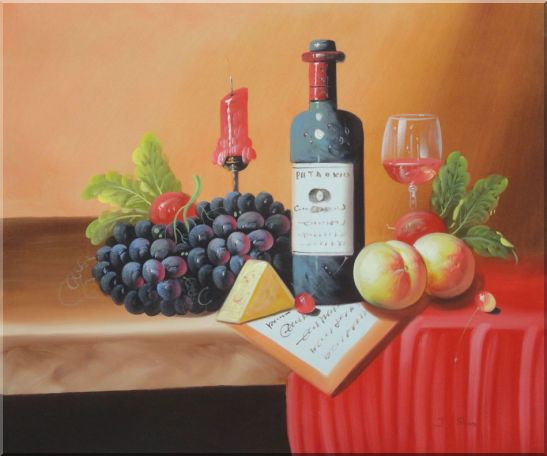 Still Life of Wine Bottle, Glass of Red Wine, Grapes, and Peaches Oil Painting Fruit Classic 20 x 24 Inches