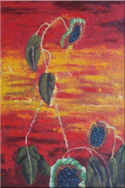 Green Leaves in Red and Yellow Background Oil Painting Flower Modern 36 x 24 Inches