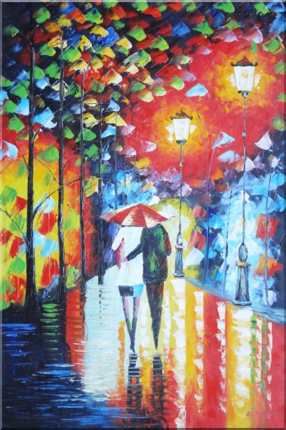 Lovers Walking On Rainy Day Street at Night Oil Painting Portraits Couple Modern 36 x 24 Inches