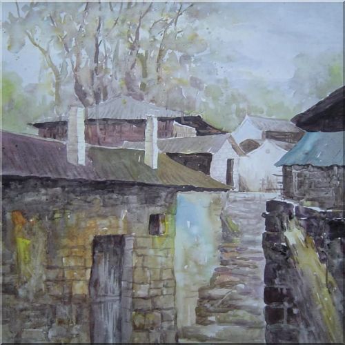 Village and Stone Path Oil Painting Asian 24 x 24 Inches