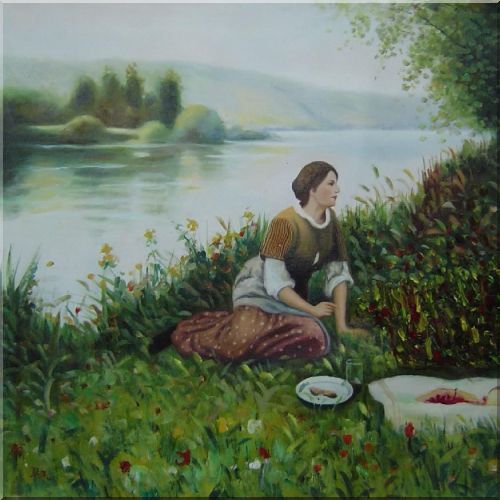 Lady Picknick in Spring Lakeside Oil Painting Portraits Woman Classic 24 x 24 Inches