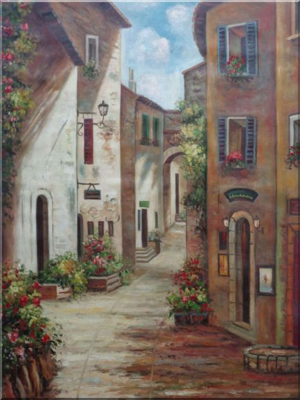 European Spain Flower Alley Oil Painting Cityscape Naturalism 48 x 36 Inches