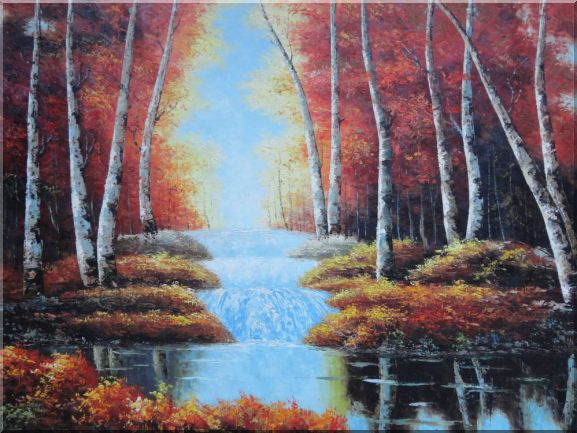 Cascade Stream Pass Through Autumn Red Forest Oil Painting Landscape Tree Naturalism 36 x 48 Inches