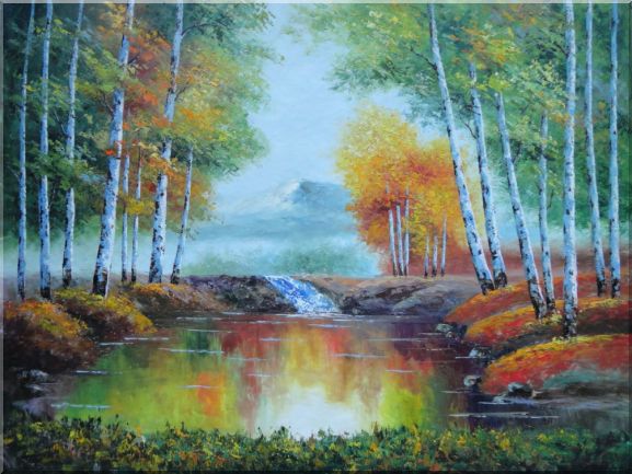 Early Autumn Colorful Trees and Small Pond,Small Waterfall Oil Painting Landscape Naturalism 36 x 48 Inches
