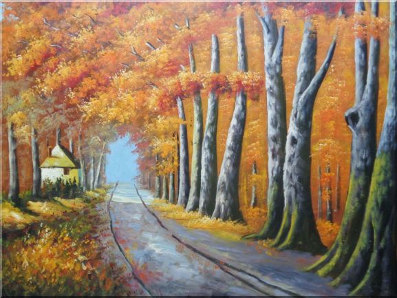 Road Pass Through a Small Cottage Under Golden Forest Oil Painting Landscape Tree Autumn Naturalism 36 x 48 Inches