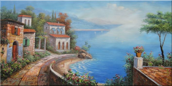 Stone Path Along Mediterranean Coast In a Pleasant Village Oil Painting Naturalism 24 x 48 Inches