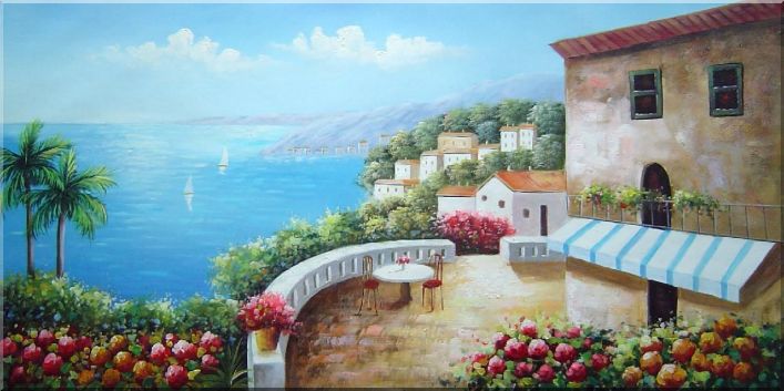 Mediterranean Seashore Dream House Oil Painting Naturalism 24 x 48 Inches