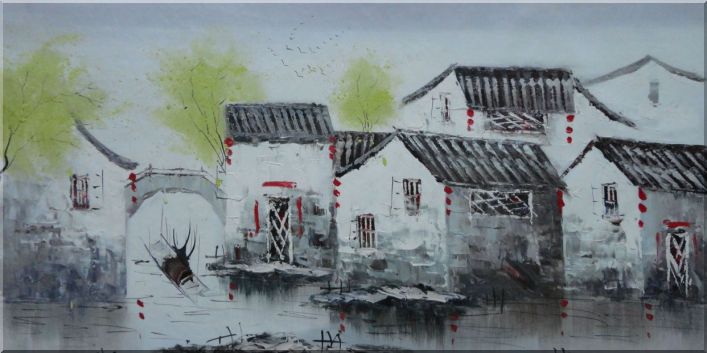Southern Water Village and Small Boats in Spring Oil Painting China Asian 24 x 48 Inches
