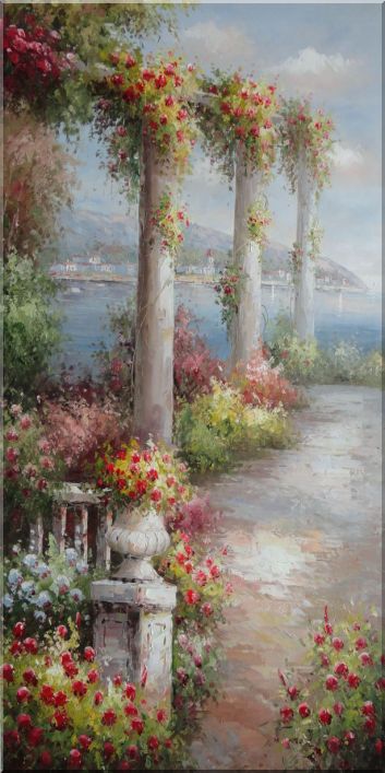 Marble Pillars with Colorful Flowers at Coast of Mediterranean Oil Painting Naturalism 48 x 24 Inches