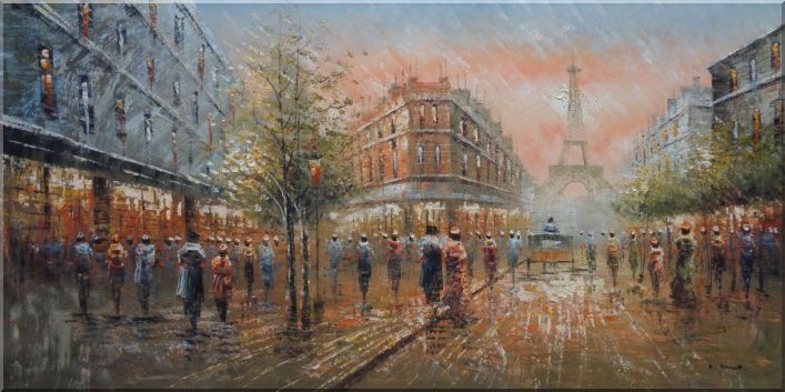Large Paris Street Toward to Eiffel Tower Cityscape Oil Painting France Impressionism 24 x 48 Inches
