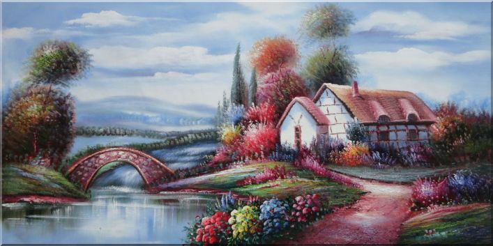 Large Rural House in Colorful Flowers along Riverside and Stone Bridge Oil Painting Village Landscape Classic 24 x 48 Inches