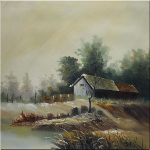 Rural Cottage in Wind Oil Painting Village Impressionism 22 x 22 Inches