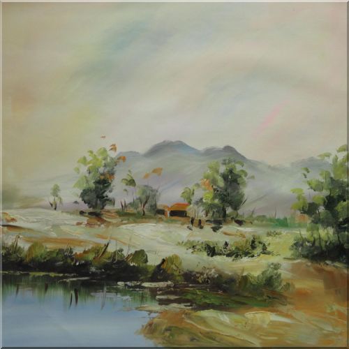 Small Cottage in Remote Countryside Oil Painting Village Impressionism 22 x 22 Inches