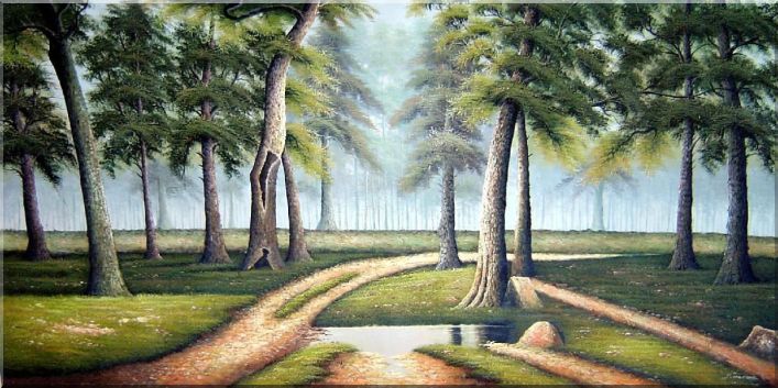 Large Painting of Woodland Path Oil Landscape Tree Naturalism 36 x 72 Inches
