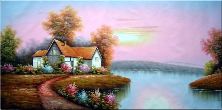 Summer Cottage Landscape large Painting Oil Village Naturalism 36 x 72 Inches