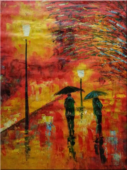 Walking in the Rain at Night Oil Painting Cityscape Modern 40 x 30 Inches