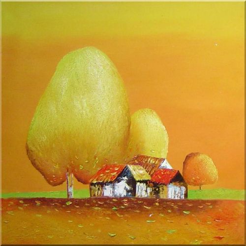 Red Roof Cottage Under Tall Yellow Trees Oil Painting Landscape Modern 30 x 30 Inches