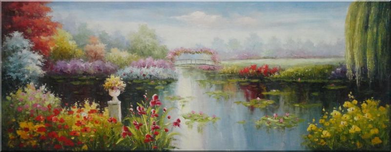 Waterlily Pond with Flowers And Bridge Oil Painting Garden Impressionism 28 x 72 Inches