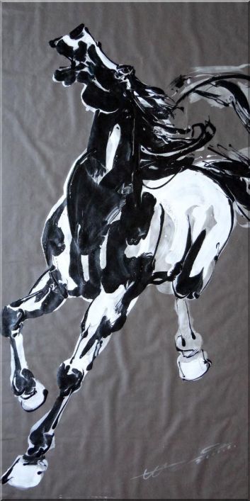 Galloping Horse, Large Black and White Original Painting Oil Animal Asian 70 x 35 Inches