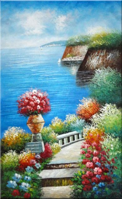 Extra Large Painting of Steps in Mediterranean Garden Oil Naturalism 78 x 48 Inches