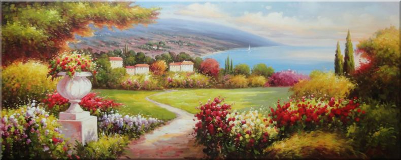 Large Painting of Mediterranean Paradise Oil Naturalism 28 x 70 Inches