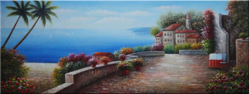 Extra Large Painting of Mediterranean Terrace and Beach Oil Naturalism 24 x 63 Inches