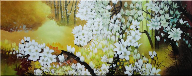 Beautiful Cherry Trees with White Flowers in Yellow Background Oil Painting Landscape Naturalism 28 x 70 Inches