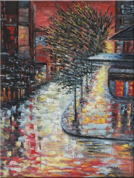 Quiet Modern Urban Street at Bright Night Oil Painting Cityscape 40 x 30 Inches