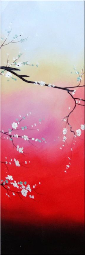 White and Purple Plum Tree in Blue,Pink and Red Background - 5 Canvas Set 5-canvas-set,flower asian  36 x 60 inches