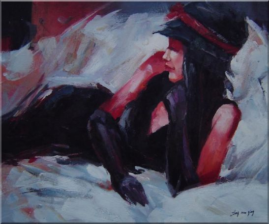 Reclining Girl with Black Shirt and Hat Oil Painting Portraits Woman Impressionism 20 x 24 Inches