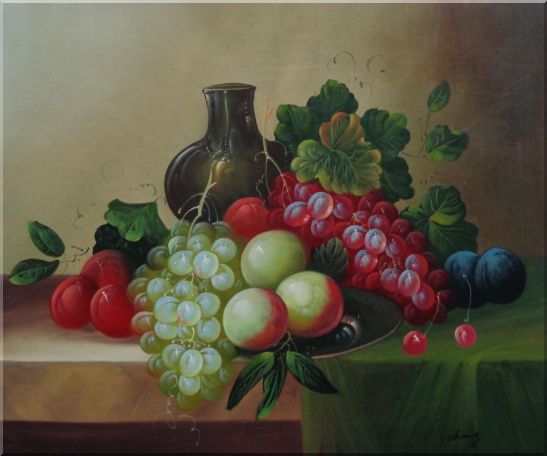 Grapes, Peaches, Plums, with Black Jar in Still Life Oil Painting Fruit Wine Classic 20 x 24 Inches