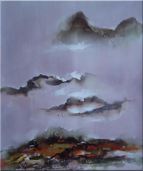 Mountains and Village in Clouds Oil Painting Landscape Asian 24 x 20 Inches