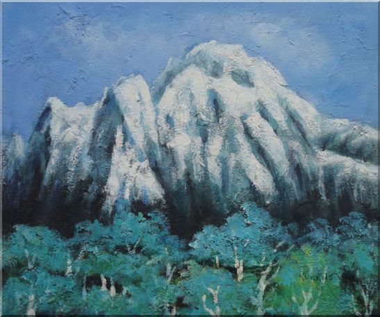 Snow Mountain, Green Tree and Blue Sky Oil Painting Landscape Impressionism 20 x 24 Inches