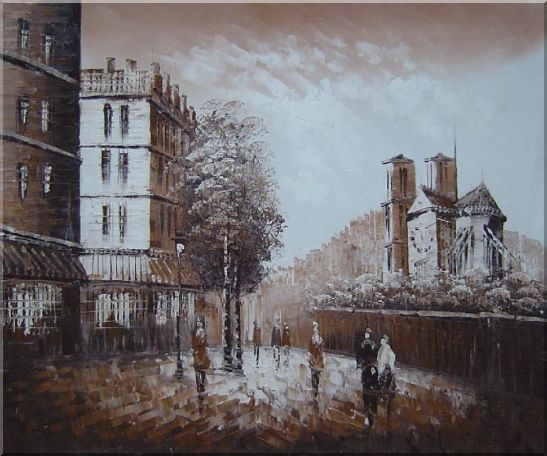 Pedestrian Walk on Street Scene at Dusk Near Notre Dame Oil Painting Cityscape France Impressionism 20 x 24 Inches