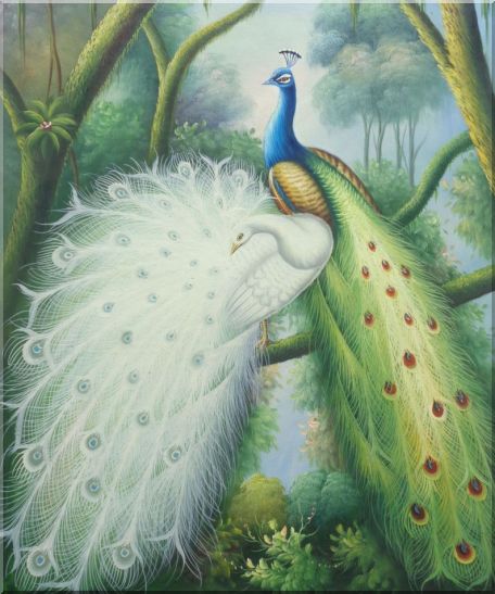 Blue and White Peacocks, Tree, Waterfall Oil Painting Animal Naturalism 24 x 20 Inches