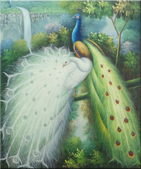 Colorful Peacocks Staying in a Tree with Waterfall - 2 Canvas Set 2-canvas-set,animal,peacock naturalism  24 x 40 inches