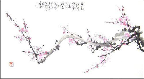 Original Painting,  Pink Plum Blooming in Snow    20 x 37 inches
